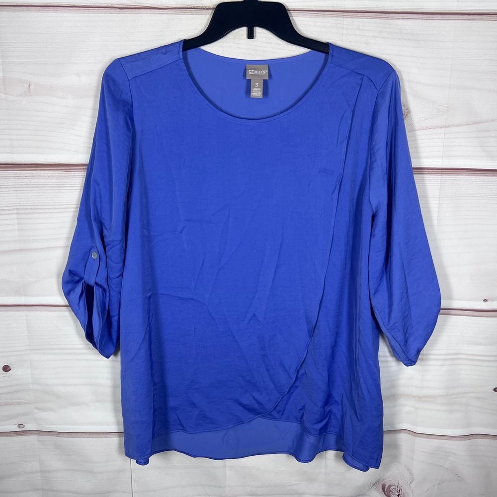 Chico's Blouse Womens 3 XL Blue Satin Roll Tab Sleeve Faux Wrap Front Scoop Neck
